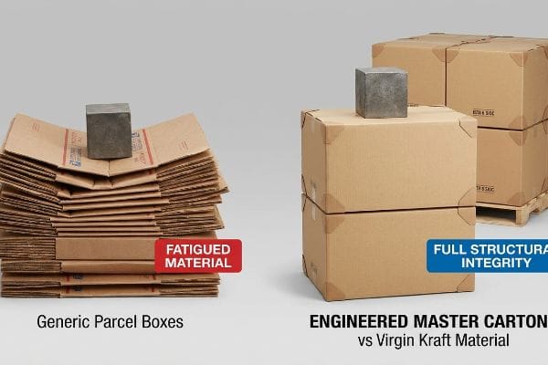 A heavy cube on Generic Parcel Boxes shows Fatigued Material, contrasting with Engineered Master Cartons of Virgin Kraft Material maintaining Full Structural Integrity.