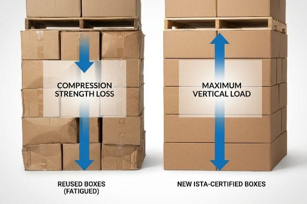 Box Compression Comparison Fatigued reused boxes with Compression Strength Loss contrasted with new ISTA-Certified Boxes showing Maximum Vertical Load.