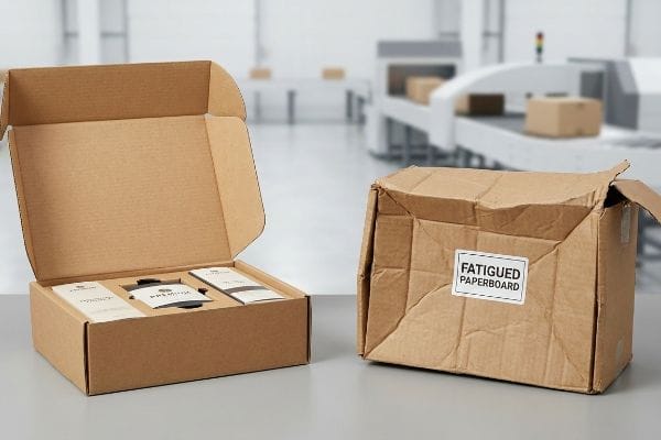 Pristine open corrugated subscription box beside a severely crushed shipping box labeled 'Fatigued Paperboard' in a warehouse.