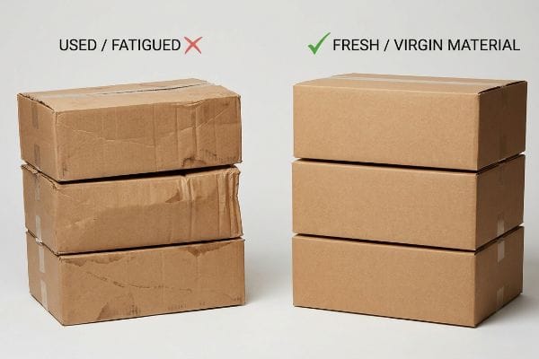 Fatigued vs Virgin Boxes Worn, creased brown cardboard boxes labeled 'Used / Fatigued' next to pristine 'Fresh / Virgin Material' corrugated shippers.