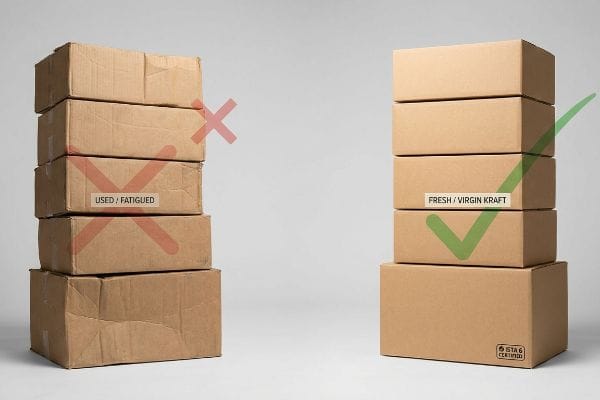 Used vs Fresh Boxes Brown corrugated shipping boxes comparing 'Used / Fatigued' with a red X to 'Fresh / Virgin Kraft' with a green checkmark and 'Ista 6 Certified' stamp.