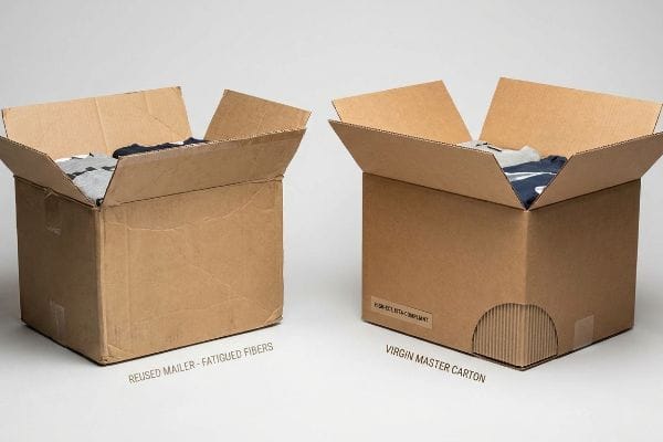 使い古しのカートン vs 新品のカートン 段ボール箱:「再利用メール便用 - 繊維劣化」と書かれた箱の隣に、「高ECT ISTA準拠」ラベルの付いた「新品マスターカートン」が置かれている。.