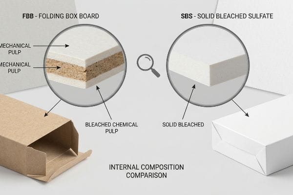 FBB Folding Box Board cross-section shows mechanical pulp layers and bleached chemical pulp, contrasted with uniform Solid Bleached Sulfate (SBS).