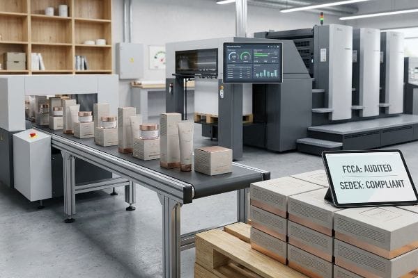 Cosmetic Packaging Compliance Beige cosmetic packaging with rose gold accents on a conveyor belt, a tablet displaying 'FCCA: Audited Sedex: Compliant', and a Heidelberg offset press.