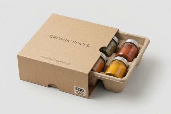 Organic Spices Box Packaging Displaying four glass jars of Organic Spices in a partially open brown kraft paper box, marked Food Safe Certified and FDA Compliant Materials.
