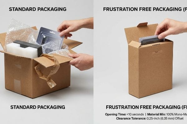 Standard vs FFP Packaging Standard Packaging, full of bubble wrap, contrasted with Frustration Free Packaging (FFP) showing 100% Mono-Material, <10 seconds opening time, and 0.25-inch Offset.