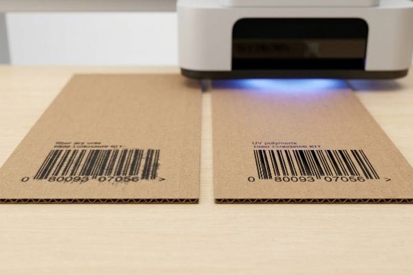 UV Printing Corrugated Barcodes Brown corrugated cardboard pieces with crisp barcodes '0 80093 07056' and text 'Fiber Dry Urea', 'UV Polymerix', cured by a UV printer's blue light.