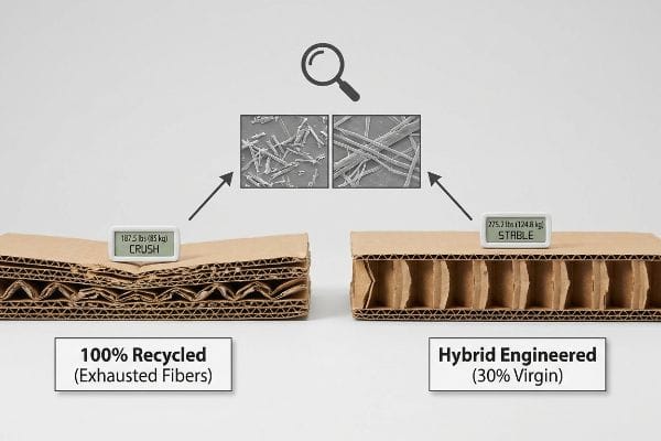 Hybrid Board Strength Test Two corrugated board cross-sections: 100% Recycled (Exhausted Fibers) crushed at 187.5 Lbs (85 Kg) and Hybrid Engineered (30% Virgin) stable at 275.3 Lbs (124.8 Kg), with fiber micrographs.