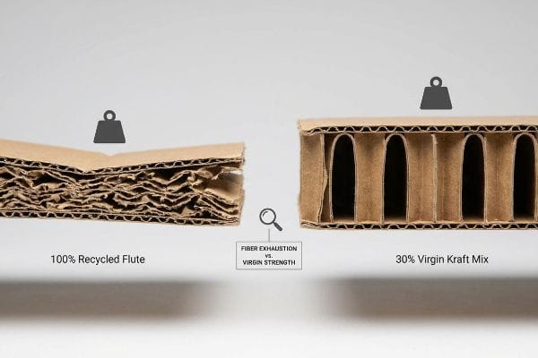 Recycled vs. Virgin Strength Crushed 100% Recycled Flute vs. intact 30% Virgin Kraft Mix corrugated cardboard, illustrating Fiber Exhaustion vs. Virgin Strength under weight.