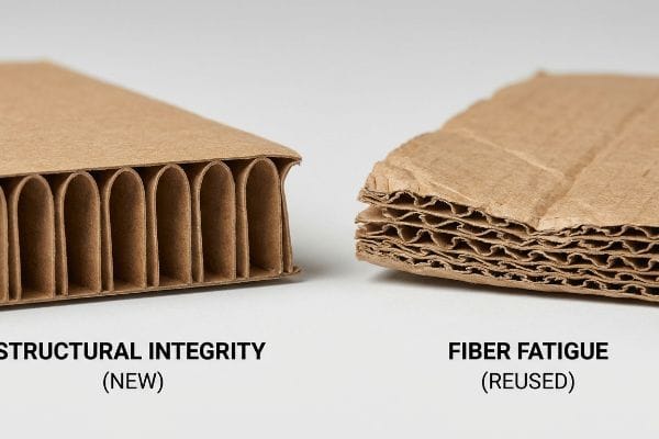 Corrugated cardboard cross-sections: Structural Integrity (New) vs. Fiber Fatigue (Reused) with flattened flutes.