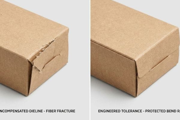 Two brown kraft cardboard box corners comparing an Uncompensated Dieline with Fiber Fracture to an Engineered Tolerance with Protected Bend Radius.