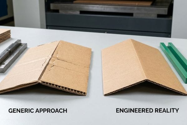 Brown corrugated board displays fiber rupture from a Generic Approach versus a smooth, strong fold from Engineered Reality.