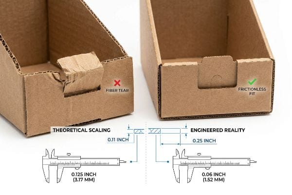 Scaling vs. Engineered Fit Corrugated boxes illustrate Theoretical Scaling Fiber Tear vs. Engineered Reality Frictionless Fit, with caliper measurements.