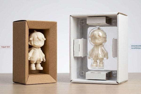 Figurine Packaging Comparison Beige resin figurines in Tight Fit brown packaging versus white box with Engineered Suspension and clear blister insert.