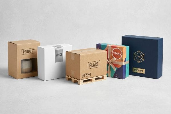Five distinct packaging boxes, including corrugated, white, and rigid designs, each labeled with a marketing P: Product, Price, Place, Promotion, and Postions.