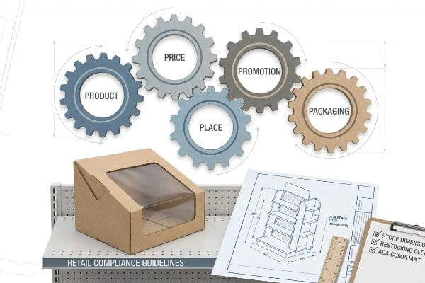 Brown cardboard display box, Five Ps of Packaging, blueprint, and Retail Compliance Guidelines checklist: Store Dimensions, Restocking Clearance, ADA Compliant.