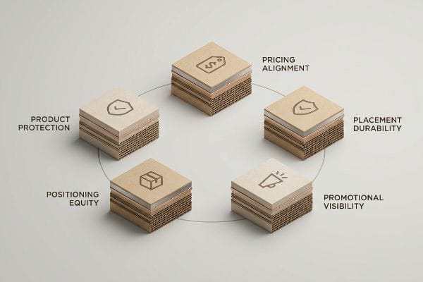 Corrugated stacks show the Five Ps of Packaging: Product Protection, Pricing Alignment, Placement Durability, Promotional Visibility, Positioning Equity.