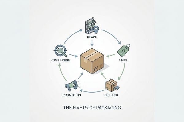 Five Ps Packaging Diagram An infographic illustrates The Five Ps of Packaging: Product, Price, Place, Promotion, and Positioning, centered around a brown box.