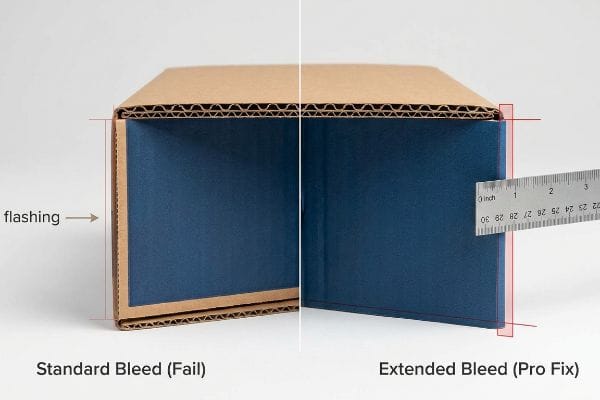 Extended Bleed Pro Fix Corrugated cardboard box showing Standard Bleed (Fail) with 'flashing' and Extended Bleed (Pro Fix) with 0.5-inch margin, preventing exposed edges.