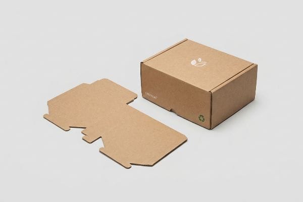 Custom Kraft Packaging Box A flat-packed and assembled Cremton custom packaging box made from recyclable kraft paper, featuring a white leaf logo and green recycling symbol.