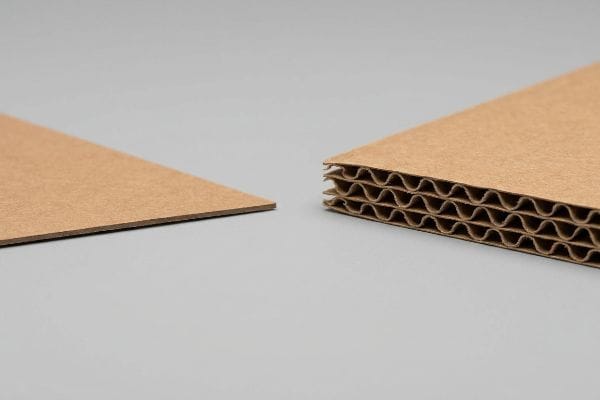 段ボール vs 波形フルート 茶色の平らな厚紙が、多層構造の段ボールの隣に並べられており、その溝状の中層と構造的なアーチが露わになっている。.