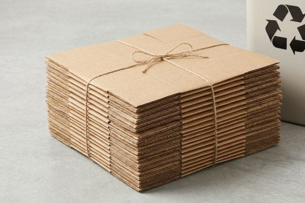 Flat corrugated cardboard cartons, tied with twine, stacked next to a recycling bin with a black symbol.