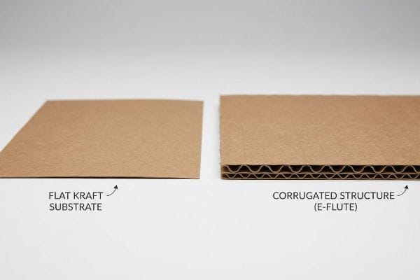 Two brown cardboard samples, a Flat Kraft Substrate and a Corrugated Structure (E-Flute), highlight the internal architectural difference.