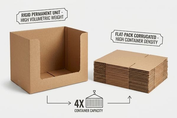 Brown corrugated cardboard rigid unit (High Volumetric Weight) contrasted with flat-pack corrugated sheets (High Container Density), showing 4x container capacity.