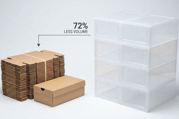 Flat-pack corrugated shoe boxes and an assembled one demonstrate "72% Less Volume" compared to rigid clear plastic bins.