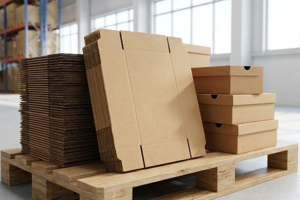 Cardboard Boxes Pallet Warehouse Stacks of flat-packed and assembled brown cardboard shoe boxes are neatly arranged on a wooden pallet in a warehouse.