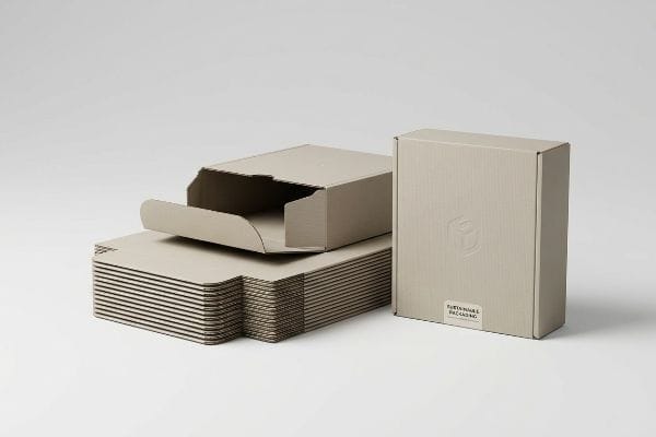 Zusammenfaltbare Kartonverpackungen, flach verpackt und montiert, mit einem Etikett „Nachhaltige Verpackung“ und einem geprägten Würfellogo.