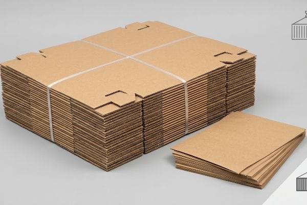 Flat-Pack Cardboard Sheets Brown flat-packed corrugated cardboard sheets stacked, secured with white straps, on a light gray surface.