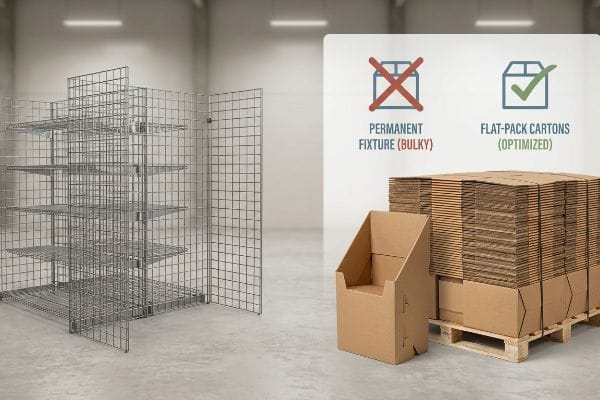 Flat-Pack Cartons Optimized Metal wire display fixture vs. flat-pack corrugated cartons, showing Permanent Fixture (Bulky) and Flat-Pack Cartons (Optimized).