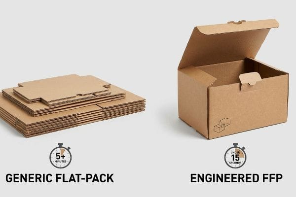Brown corrugated cardboard displays a Generic Flat-Pack (5+ Minutes) beside an assembled Engineered FFP box (Under 15 Seconds).