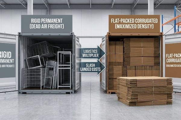 Freight Density Comparison Metal frames in a 'Rigid Permanent (Dead Air Freight)' container contrast with densely packed 'Flat-Packed Corrugated (Maximized Density)' boards, highlighting 'Logistics Multiplier' and 'Slash Landed Costs'.