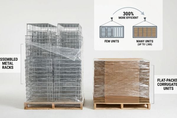 Pallets display assembled metal racks next to flat-packed corrugated units, illustrating 300% More Efficient shipping for up to 1,500 flat-packs.