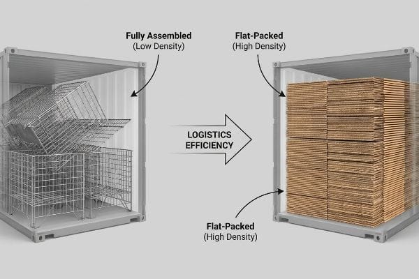 Flat-Pack Logistics Efficiency Two shipping containers demonstrate Logistics Efficiency, comparing Fully Assembled (Low Density) metal racks with Flat-Packed (High Density) corrugated cardboard sheets.