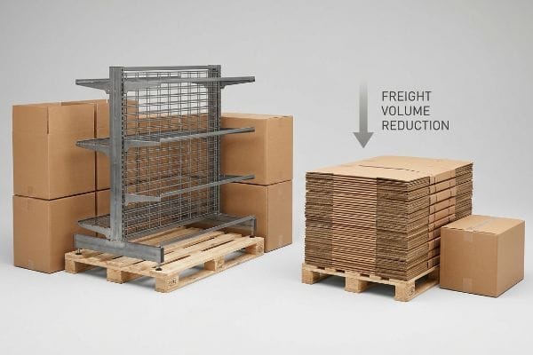 Assembled metal display and boxes contrasted with flat-pack corrugated cardboard for Freight Volume Reduction.