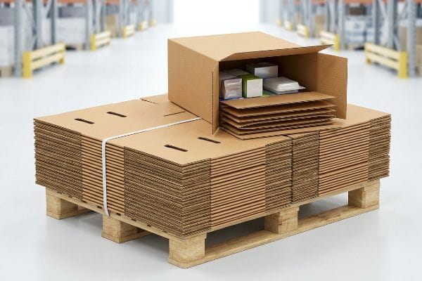 Palé de almacén de cajas de cartón En el almacén se muestran cajas de cartón corrugado desmontadas sobre un palé de madera, con una caja abierta que contiene paquetes más pequeños.