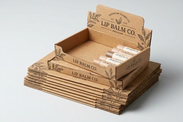 Natural kraft cardboard display trays for Lip Balm Co. Premium Cosmetic, one assembled with lip balms, stacked flat-packed.