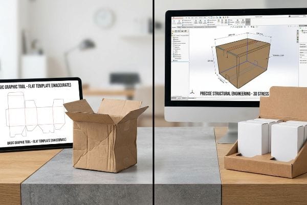 Crumpled cardboard box and inaccurate flat template contrasted with precise 3D structural engineering model and retail display.