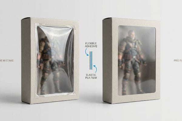 Action Figure Window Fix Elastic PLA Film and Flexible Adhesive prevent warped action figure windows, showing Rookie Mistake vs. Pro Fix.