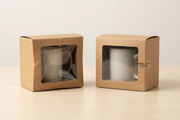 Two kraft paper window boxes with ceramic mugs, one featuring a 'Flexible Adhesive Protocol' sticker on its clear plastic window.
