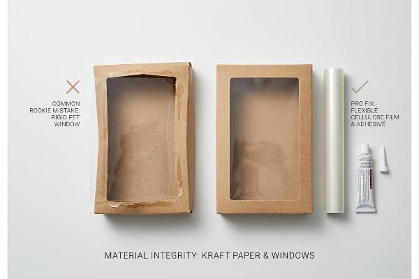 Kraft paper box comparison shows Common Rookie Mistake: Rigid Pet Window versus Pro Fix: Flexible Cellulose Film & Adhesive for Material Integrity.