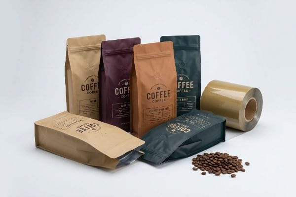 Custom Coffee Bags Flexible Coffee pouches (kraft, burgundy, dark teal), 'Coffee Printer' branding, film roll, roasted beans.