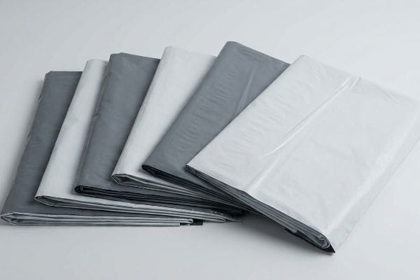 Flexible co-extruded polyethylene film poly mailers in alternating gray and white, showcasing elastic packaging material.