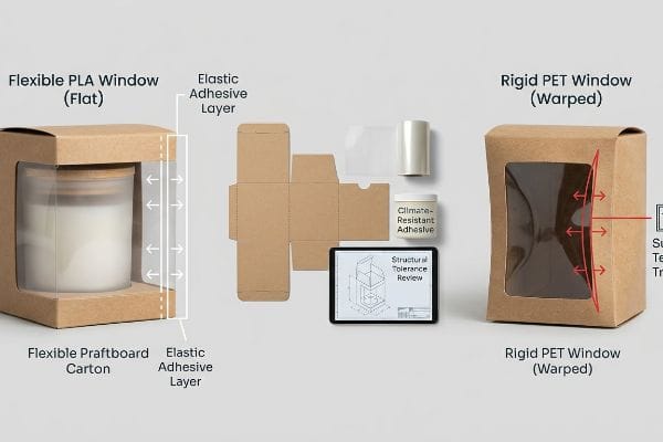 Window Carton Warping Comparison Flexible PLA window carton with elastic adhesive for a flat candle jar, contrasted with a warped rigid PET window carton, illustrating packaging components, climate-resistant adhesive, and a Structural Tolerance Review.
