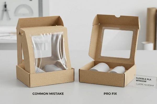 article-image Kraft paper box with a transparent PLA window shows a smooth, tension-free bond between the film and the cardboard face.