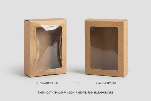 Rigid vs Flexible Adhesives Kraft paper folding cartons demonstrate thermodynamic expansion. Left: Standard (Fail) rigid window detaching. Right: Flexible (Pass) window intact.