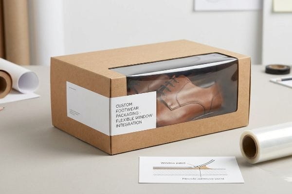 Brown cardboard shoe box with a clear window displaying a brown leather shoe, featuring a label "Custom Footwear Packaging - Flexible Window Integration". A diagram of a window patch and a roll of clear PLA film are on the table.